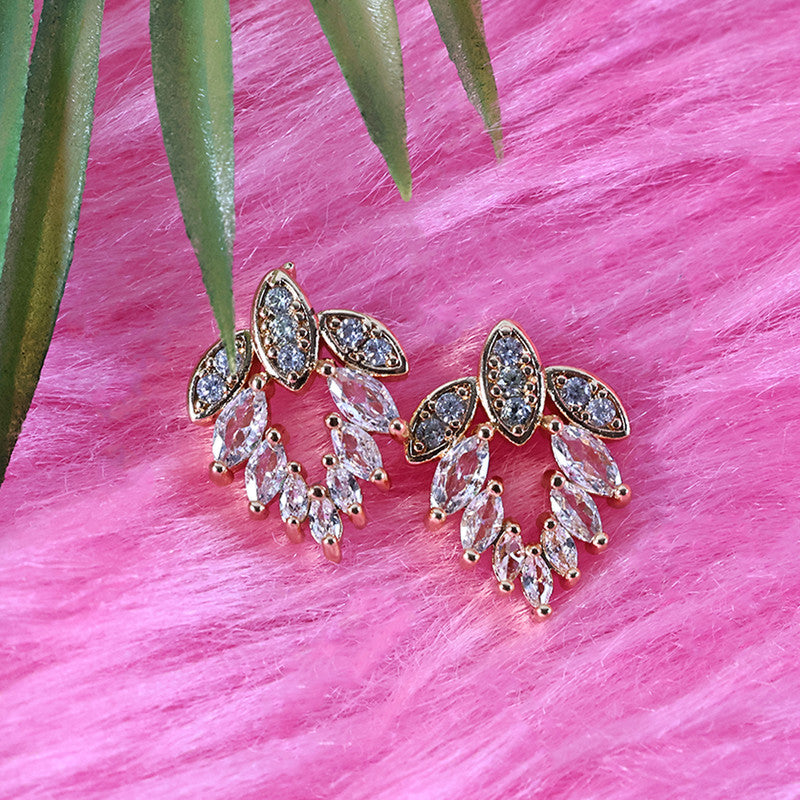 Elegant Leaf Pattern CZ Stone Stud Earrings for Women