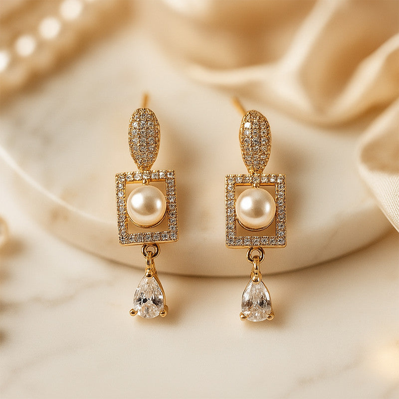 Stylish Pearl and CZ Stone Rectangle Drop Earrings for Women