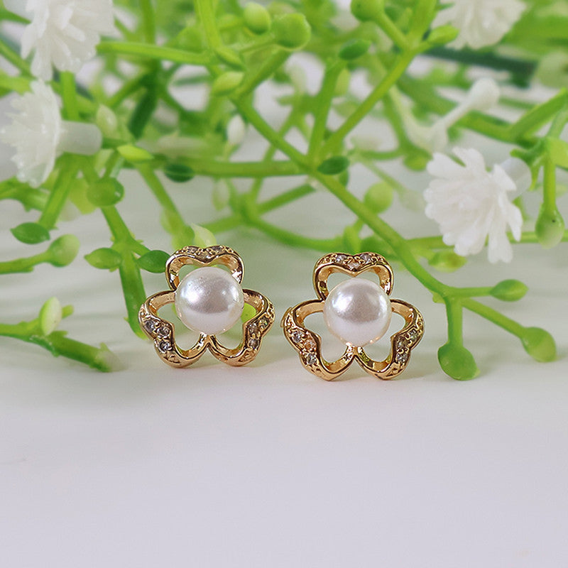 Charming Floral Pearl and CZ Stone Stud Earrings for Women