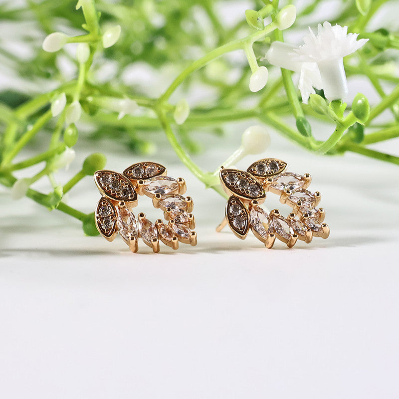 Elegant Leaf Pattern CZ Stone Stud Earrings for Women