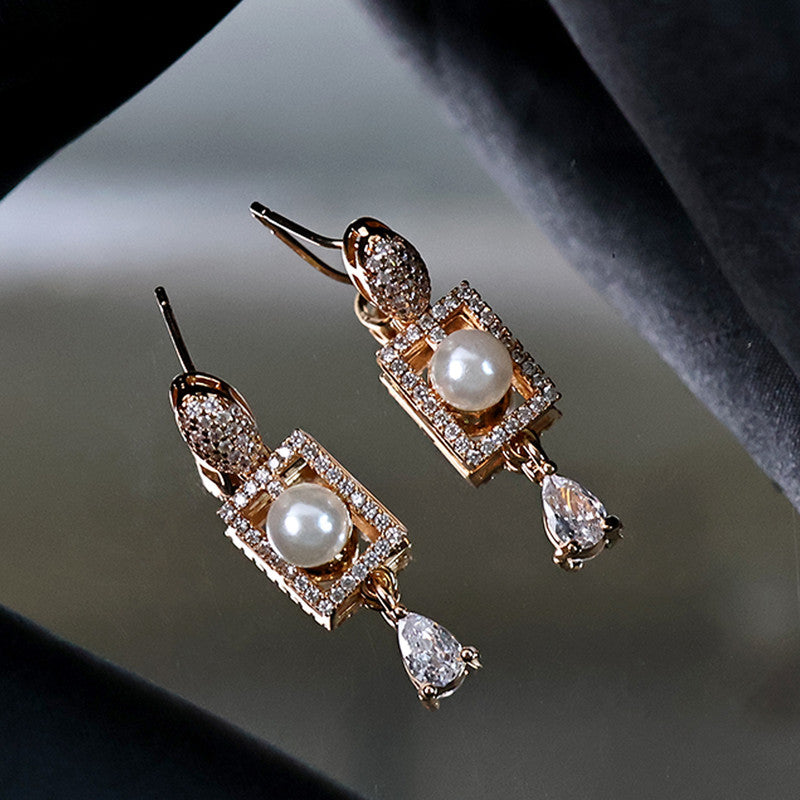 Stylish Pearl and CZ Stone Rectangle Drop Earrings for Women