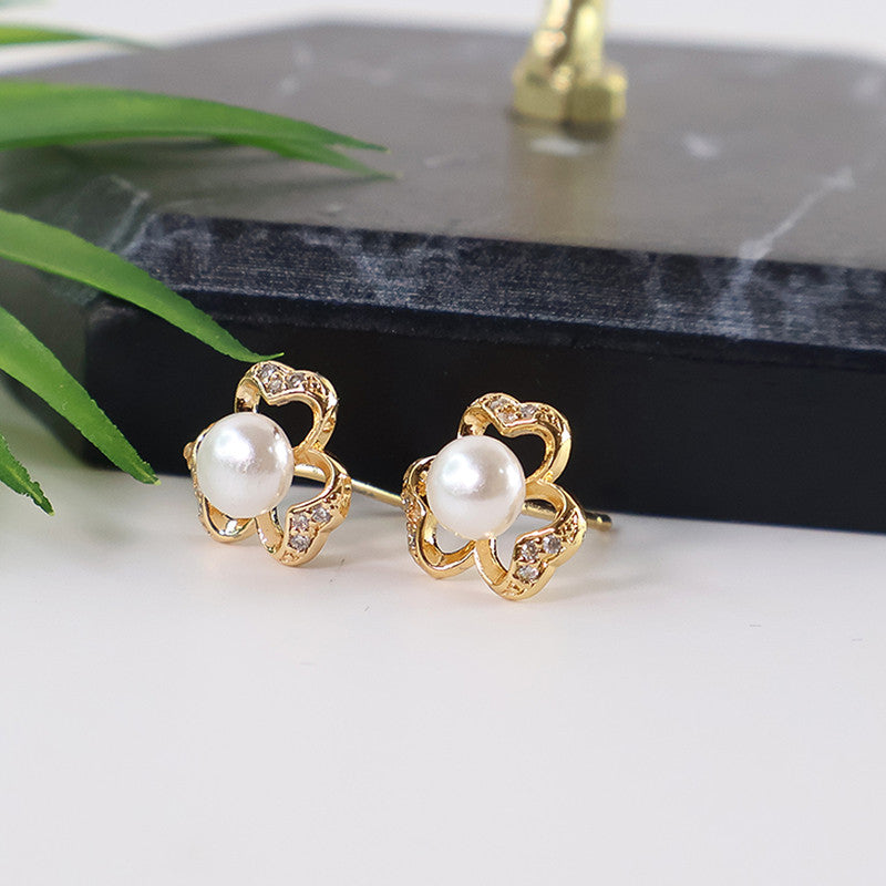 Charming Floral Pearl and CZ Stone Stud Earrings for Women