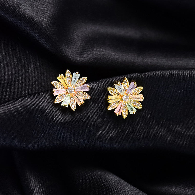 Multicolor Crystal Floral Stud Earrings with Gold Finish for Women