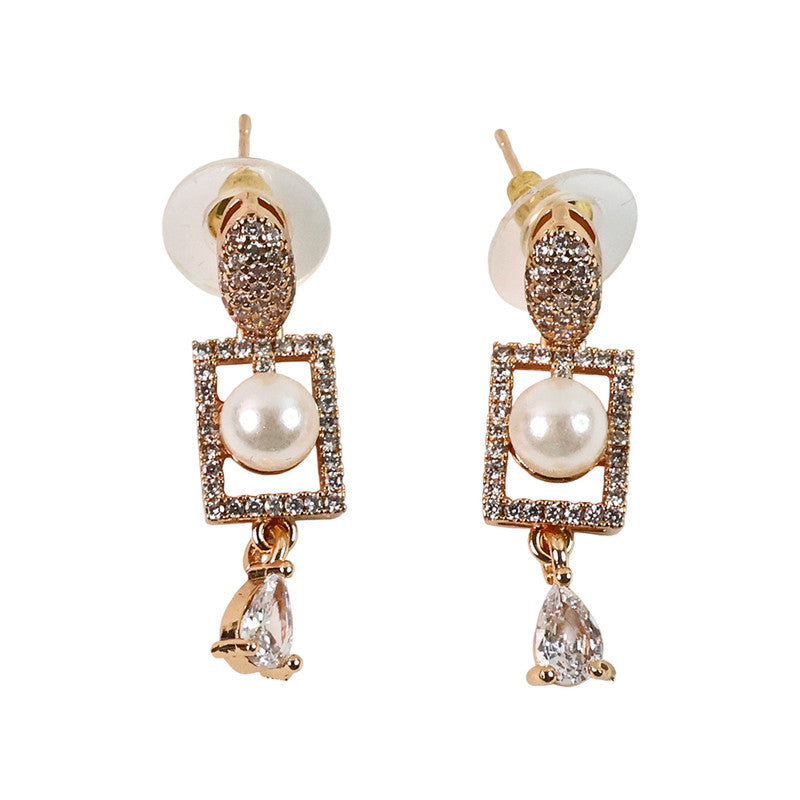 Stylish Pearl and CZ Stone Rectangle Drop Earrings for Women