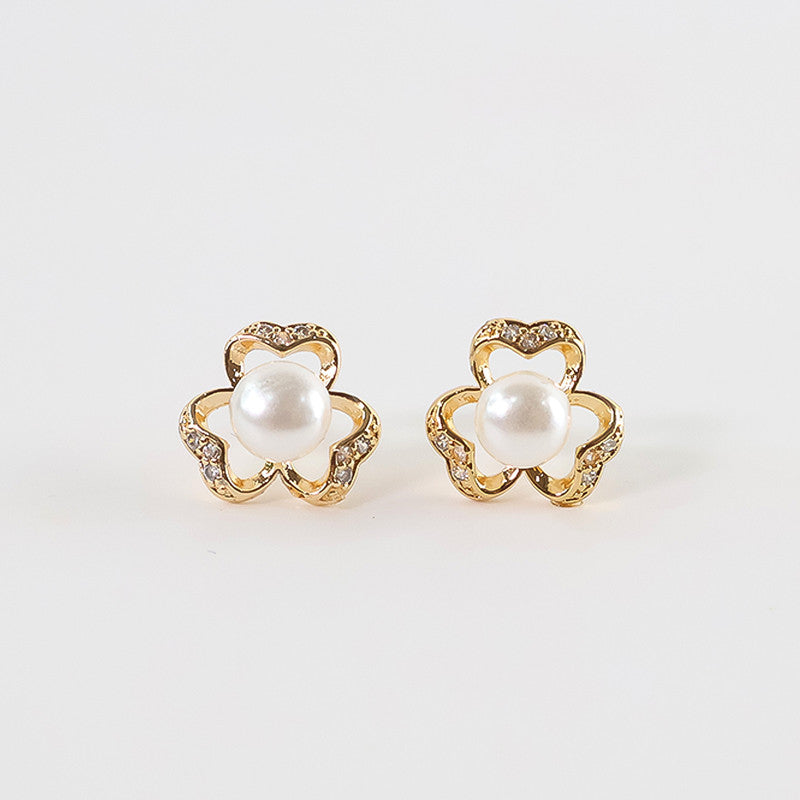 Charming Floral Pearl and CZ Stone Stud Earrings for Women