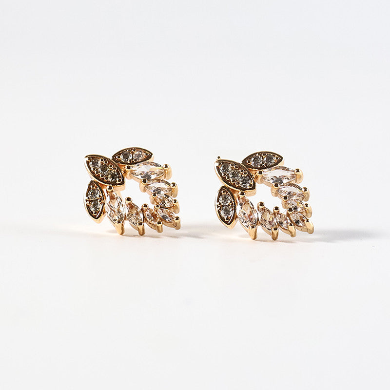 Elegant Leaf Pattern CZ Stone Stud Earrings for Women
