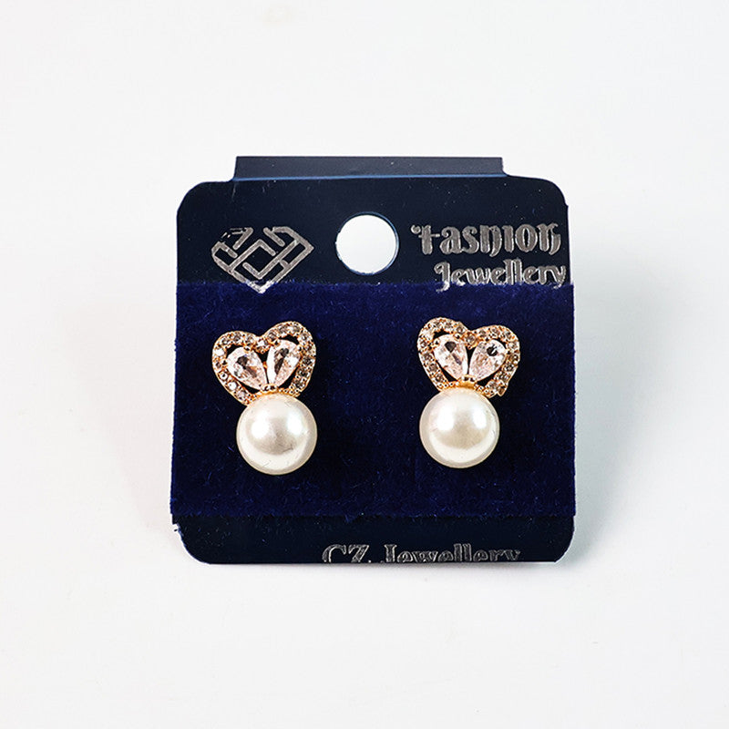 Elegant Heart Shape Pearl and CZ Stone Stud Earrings for Women