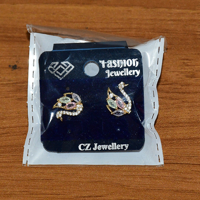 Multicolor Crystal Swan Stud Earrings with Gold Finish for Women