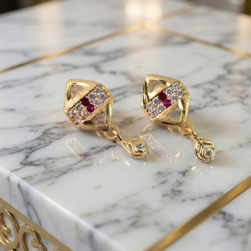 Trendy Geometric Gold Earrings with Sparkling Stones & Drop Charm