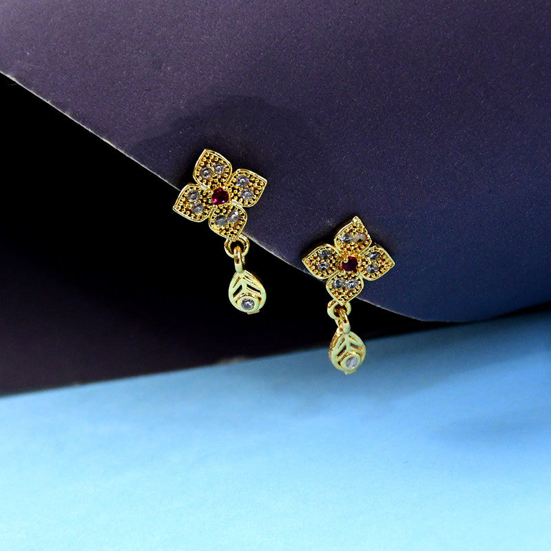 Floral Inspired Gold Earrings with Pink Stone & Hanging Drop