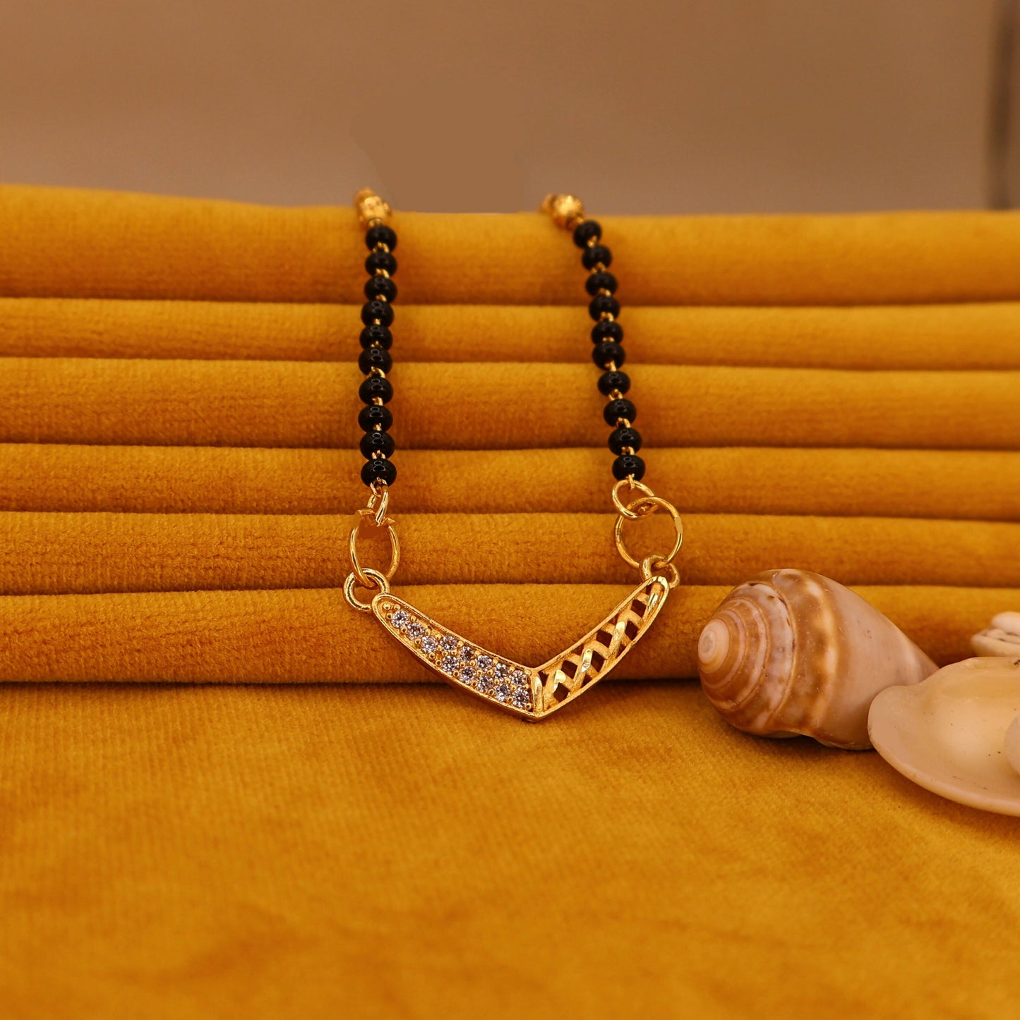 Gold Plated V-Shape Mangalsutra with Black Beads