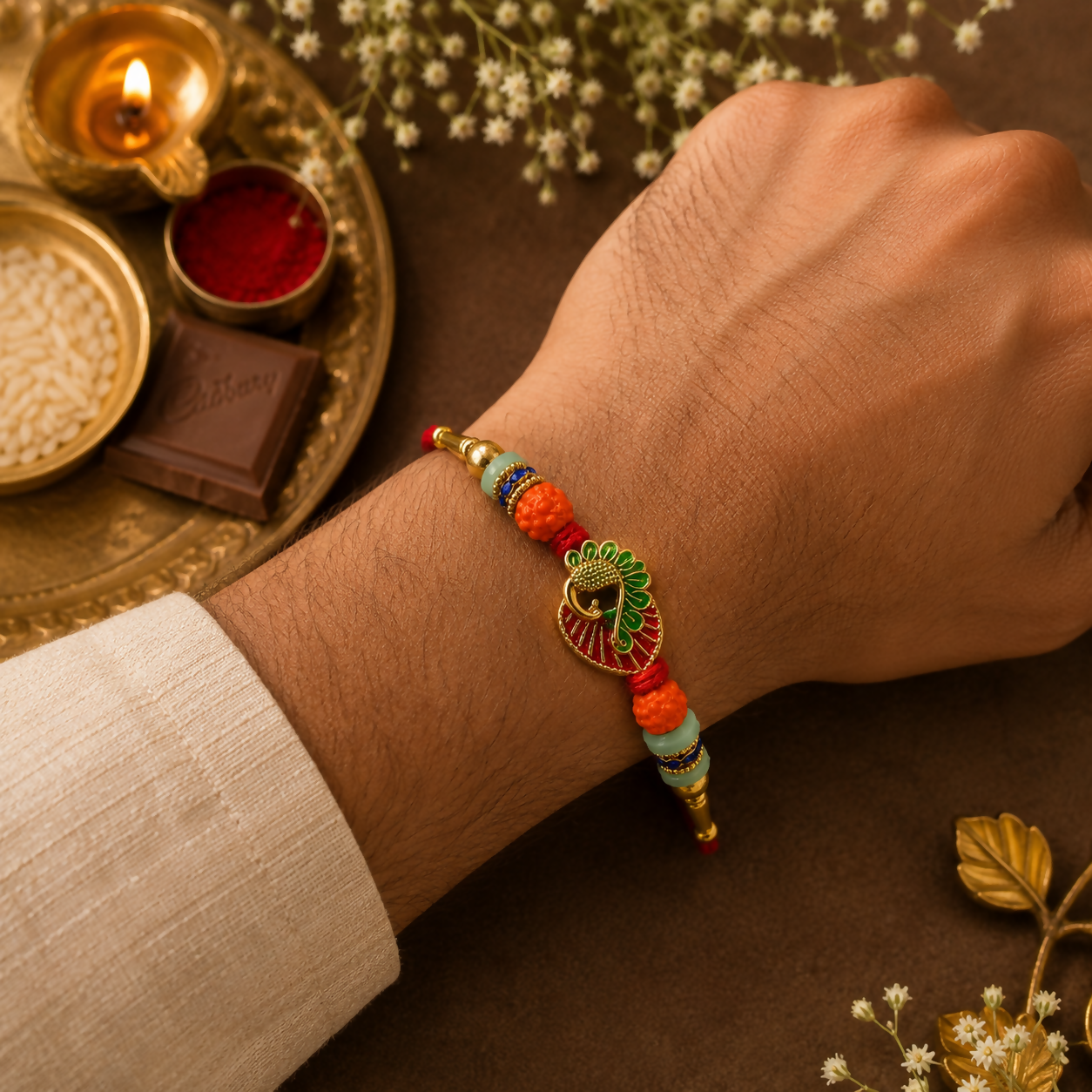 A man's wrist wears a red and gold bracelet with a peacock charm, orange and light green beads, and blue accents, surrounded
