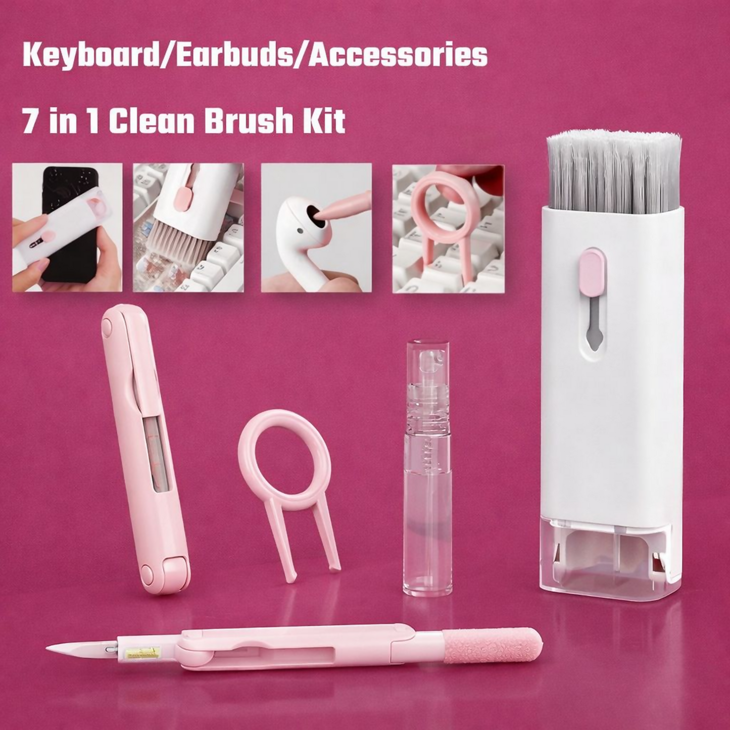 7-in-1 Keyboard & Earbuds Cleaning Kit with Brush Spray Tools – Pink