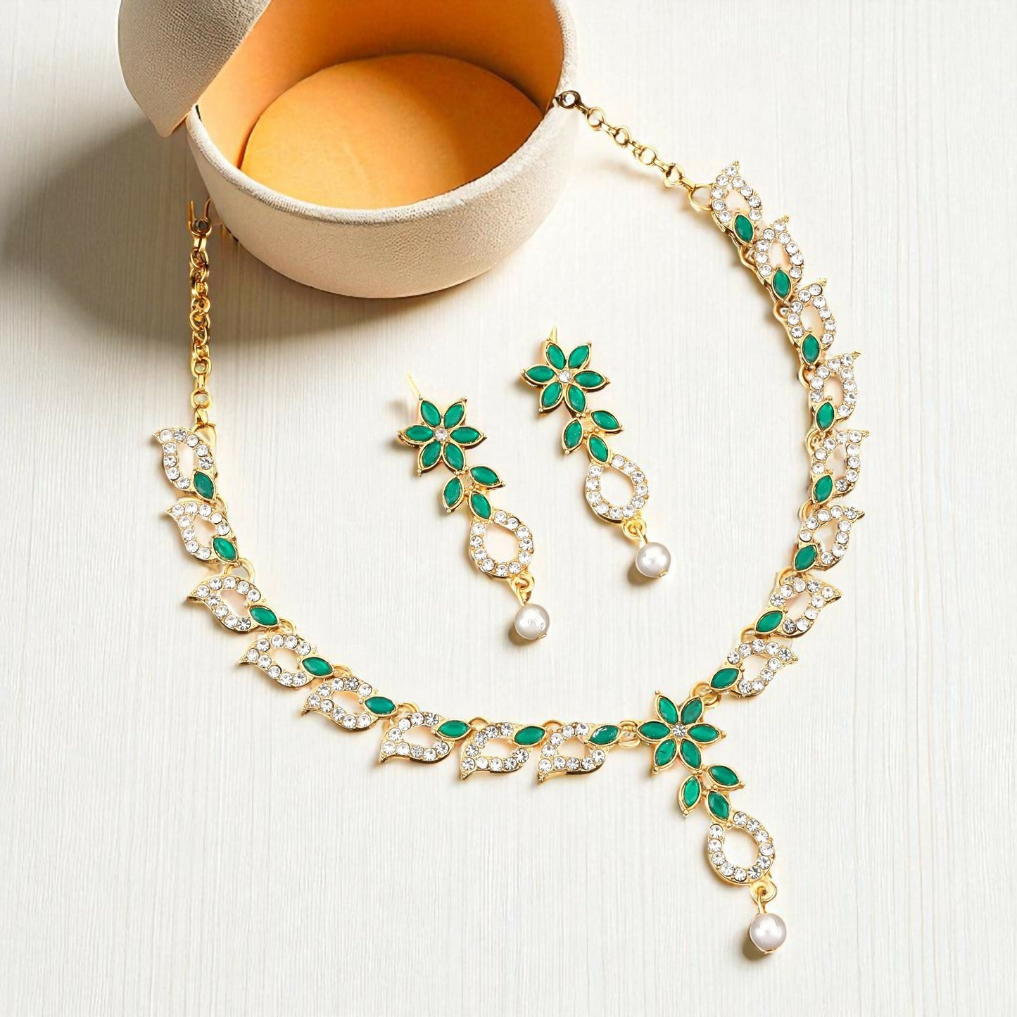 Emerald Green & Crystal Leaf Motif Necklace Set with Pearl Drop