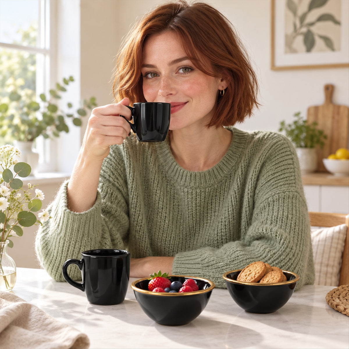 A woman in a green sweater smiles while sipping from a black ceramic mug at a marble table with berries and cookies.