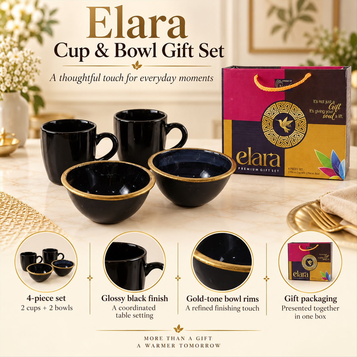 A graphic showing the four-piece black ceramic set, its glossy finish, gold-tone bowl rims, and gift packaging.