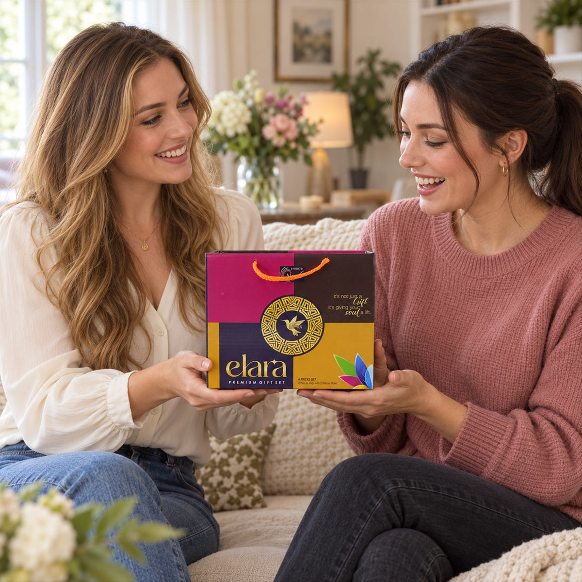 Two women smile as they hold a colorful gift box with a gold bird design, sitting on a sofa.