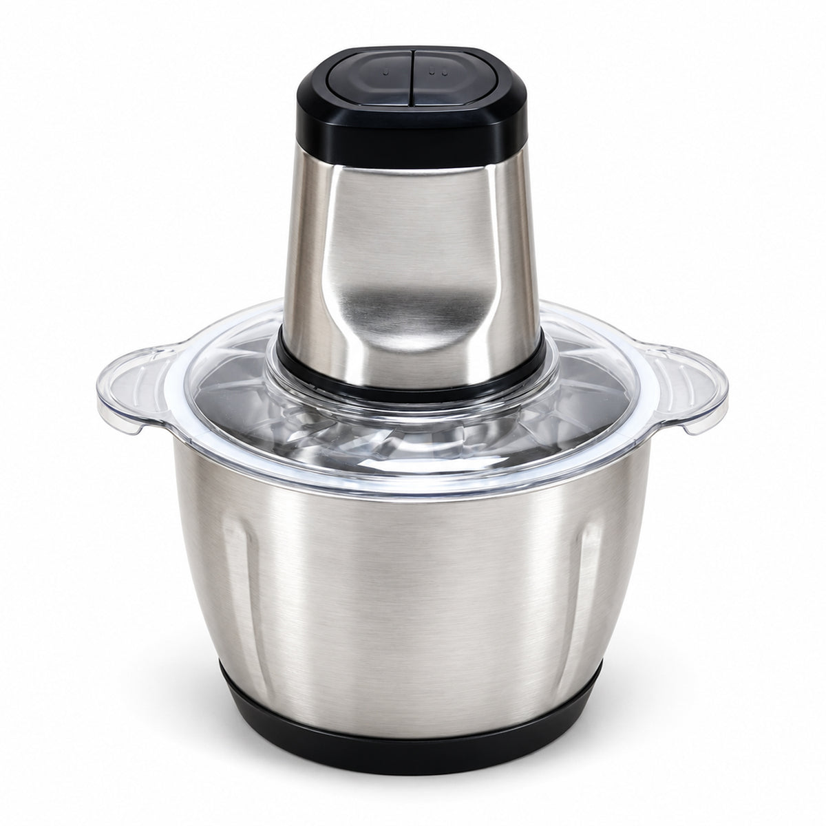 A stainless steel electric food chopper with a black base and clear lid, shown assembled on a white background.