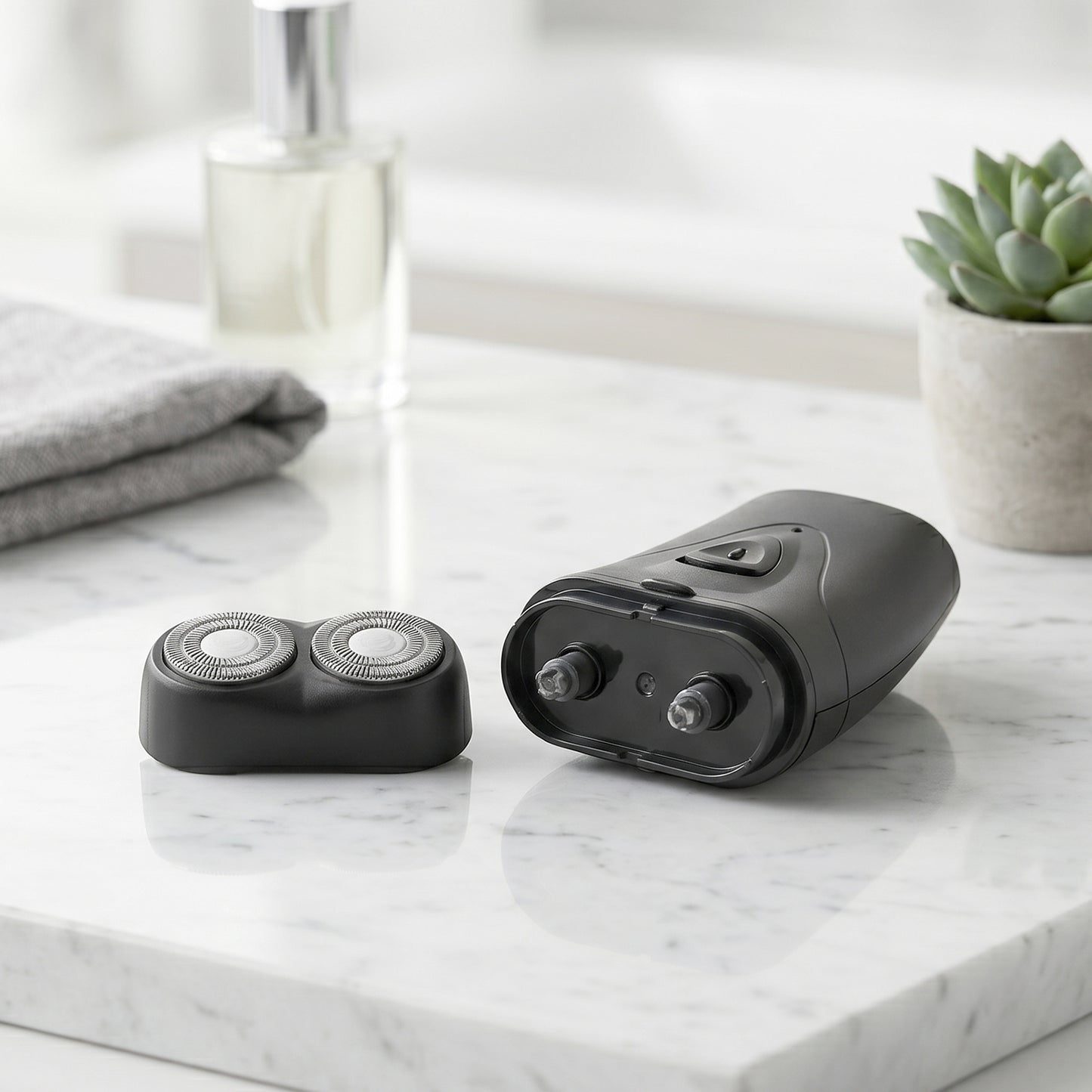 Portable electric shaver in hand showing compact size and sleek design