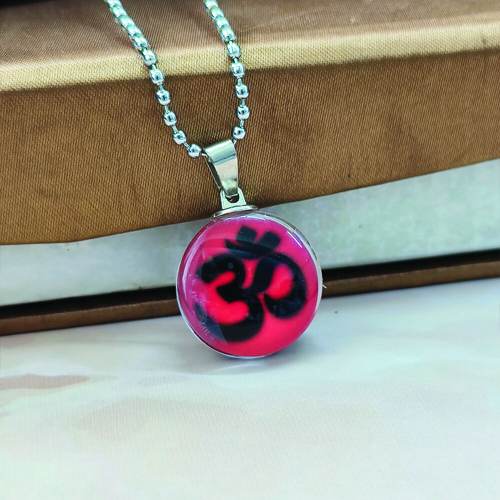 Glass Framed Orange Enamel Om Locket Chain Pendant