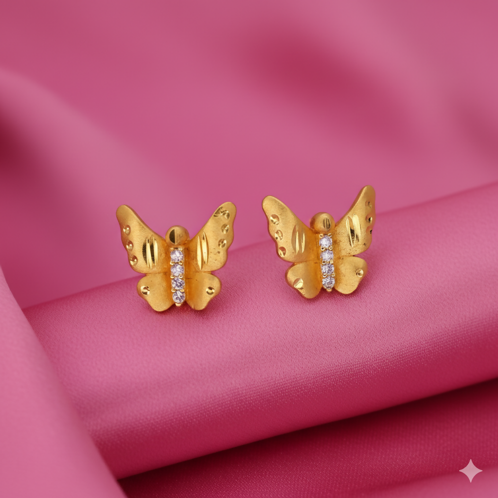 Elegant gold butterfly stud earrings with matte finish and crystals