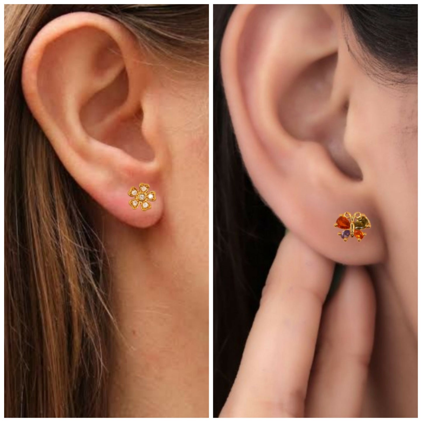 Gold-Plated AD Flower & Colorful Butterfly Stud Earrings Set for women & girls Combo Pack of 2