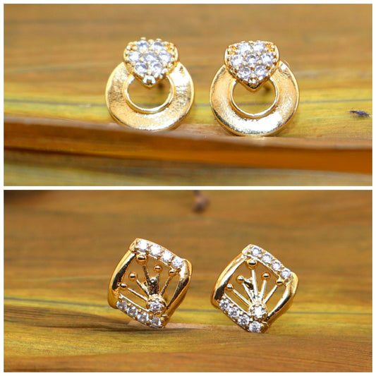 2-Pair Combo Gold Plated AD Stud Earring Set for women and girls