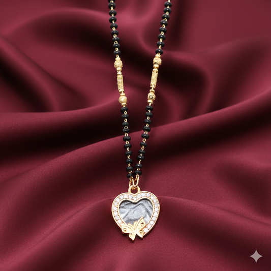 Gold-plated heart-shaped pendant mangal sutra with golden butterfly and AD stones