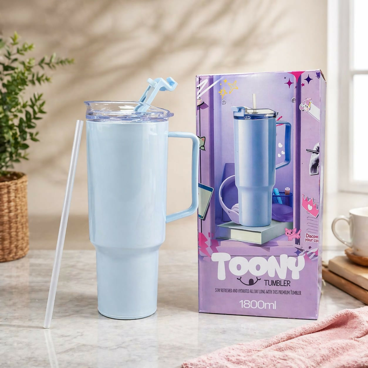 Toony Tumbler 1800ml - Insulated Travel Mug with Handle & Straw | BPA Free, Leak-Proof & Large Capacity Coffee Cup