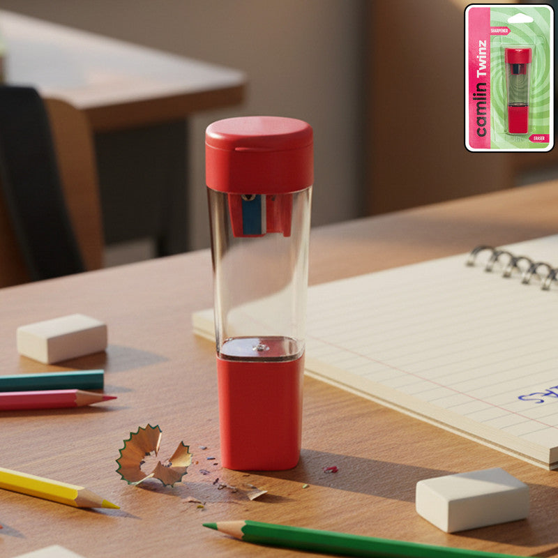 Camlin Twinz 2-in-1 Eraser & Sharpener Combo – Built-in Shavings Container