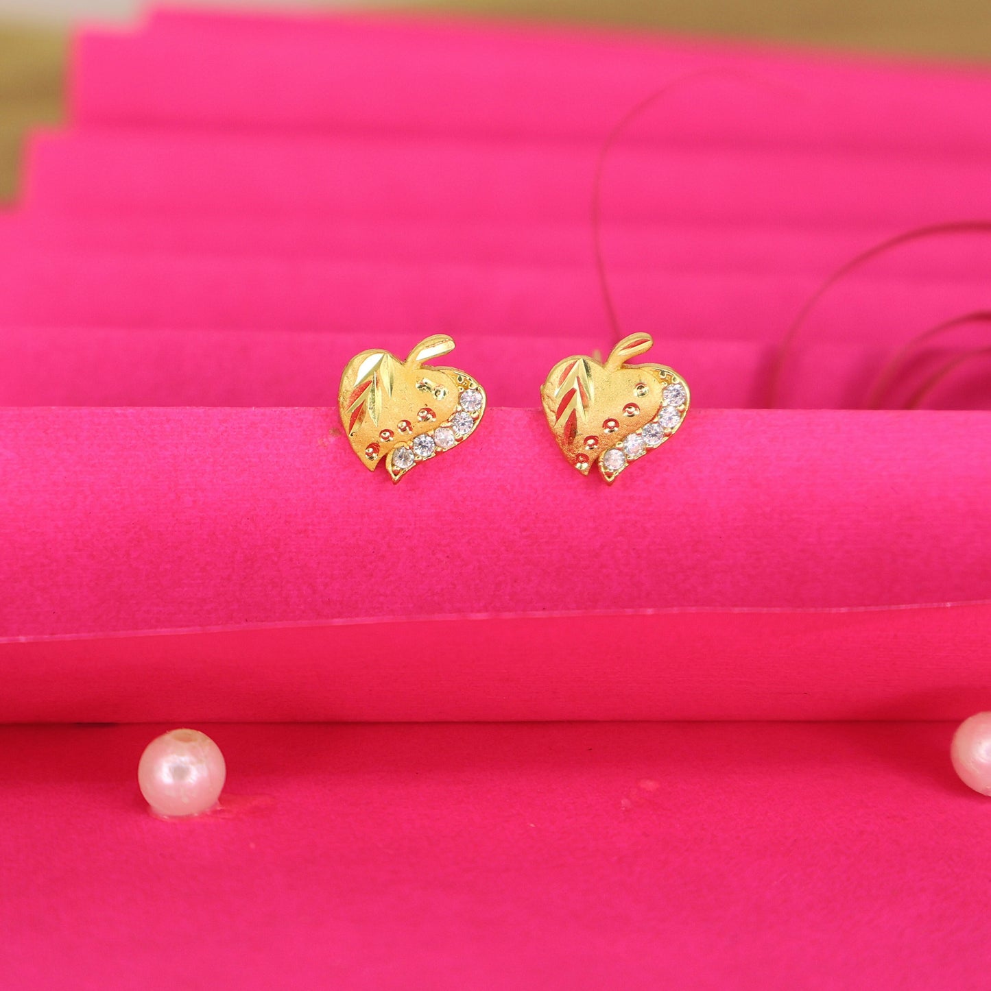 Gold Plated AD Heart Leaf Stud Earrings for women and girls