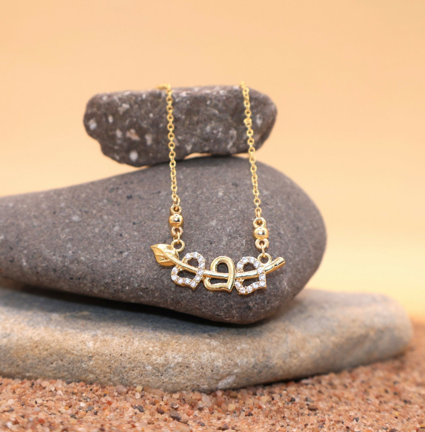 Gold Plated Interlocking Hearts Leaf AD Pendant Necklace For women and girls