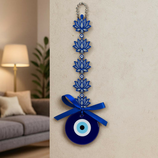 Evil Eye Wall Hanging with Blue Lotus & Om Design – Nazar Battu Hanging for Home, Office & Car Décor, Protection Symbol with Decorative Ribbon, Good Luck Charm, Gift Item (Blue)