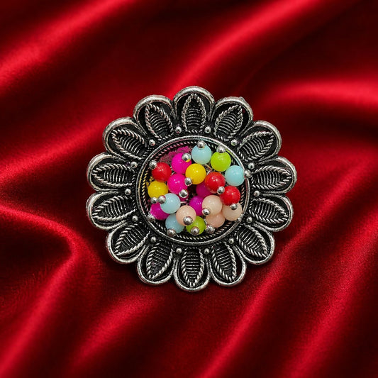 Colorful vintage floral statement ring with beads and oxidized silver detailing