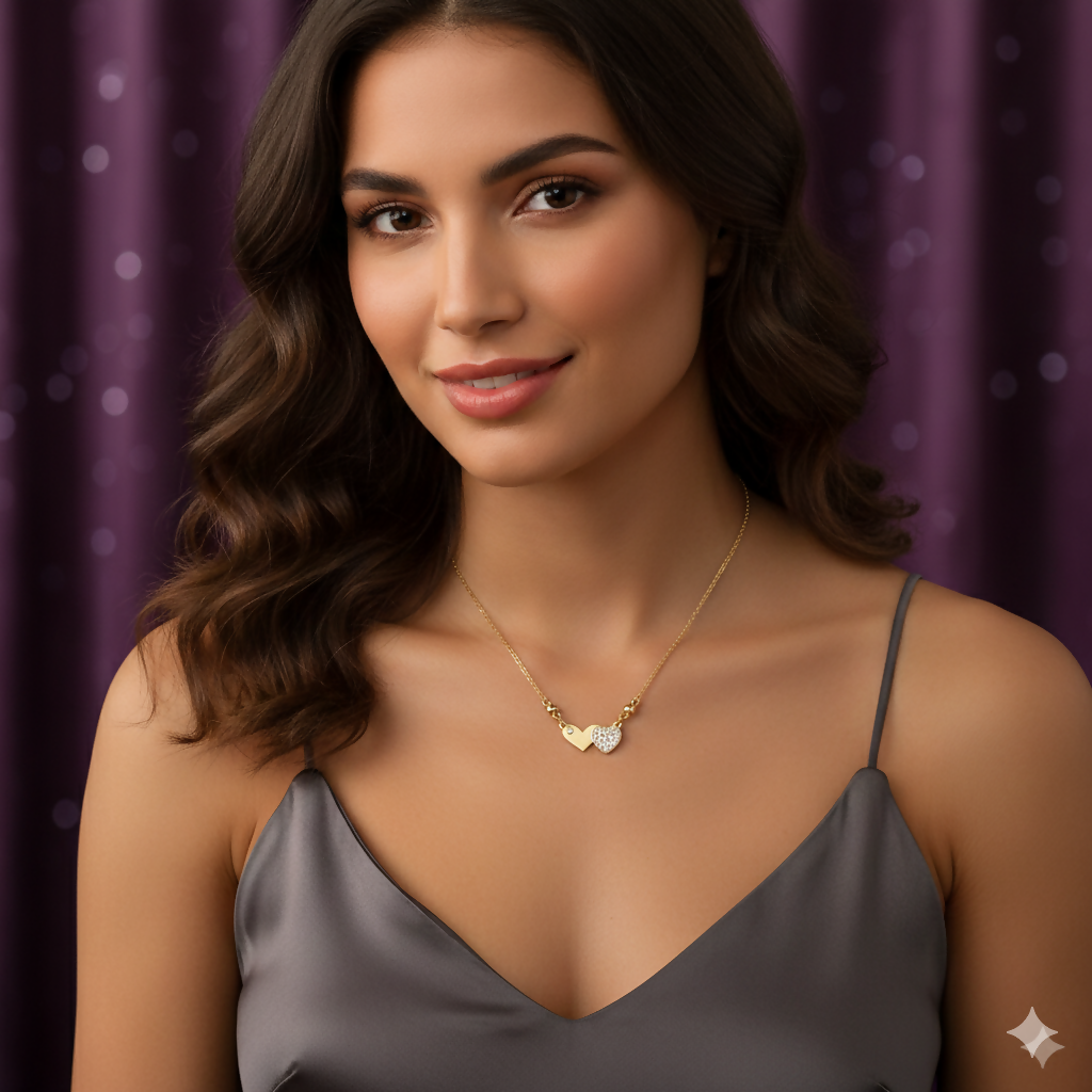 Delicate gold plated chain with double heart pendant highlighting love and unity