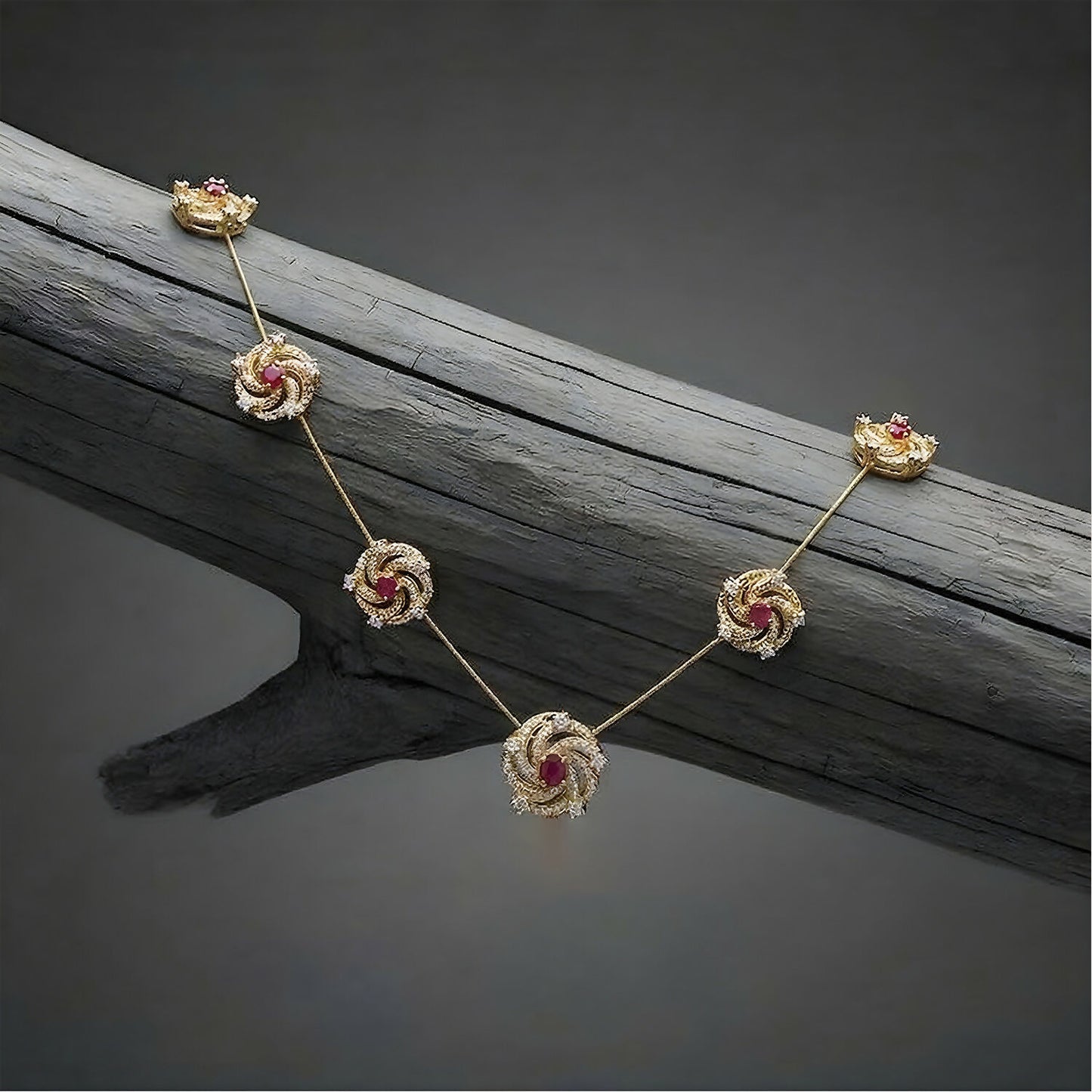 Ruby Floral Swirl Station Necklace with Diamond Detailing and Elegant Finish
