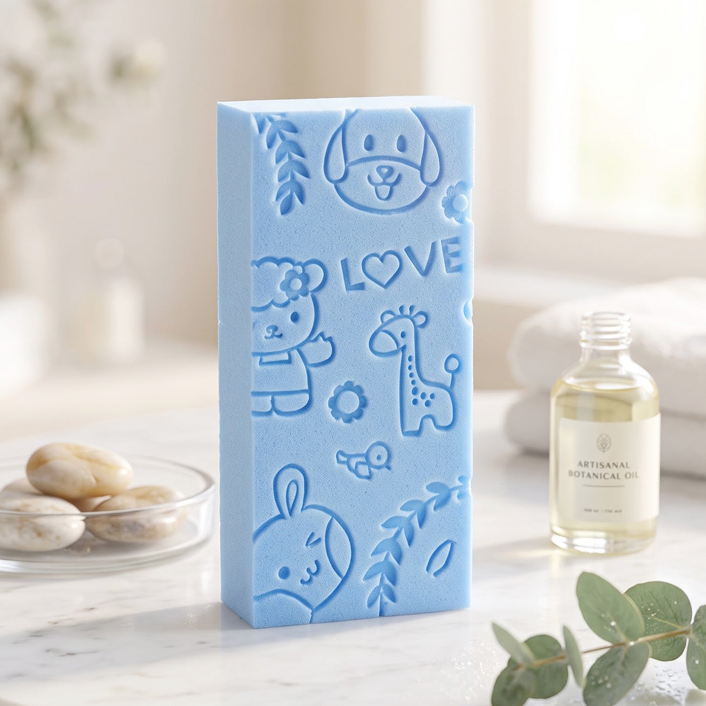 A blue exfoliating sponge with embossed animal patterns sits on a white marble counter next to bath oil and towels.