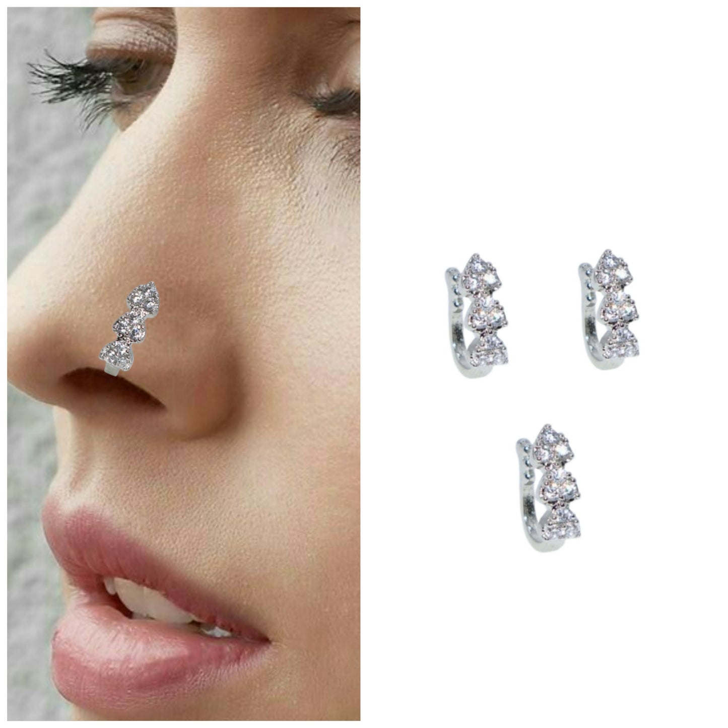 Silver CZ Triple Stone Non-Piercing Nose Clip Set Pack of 3