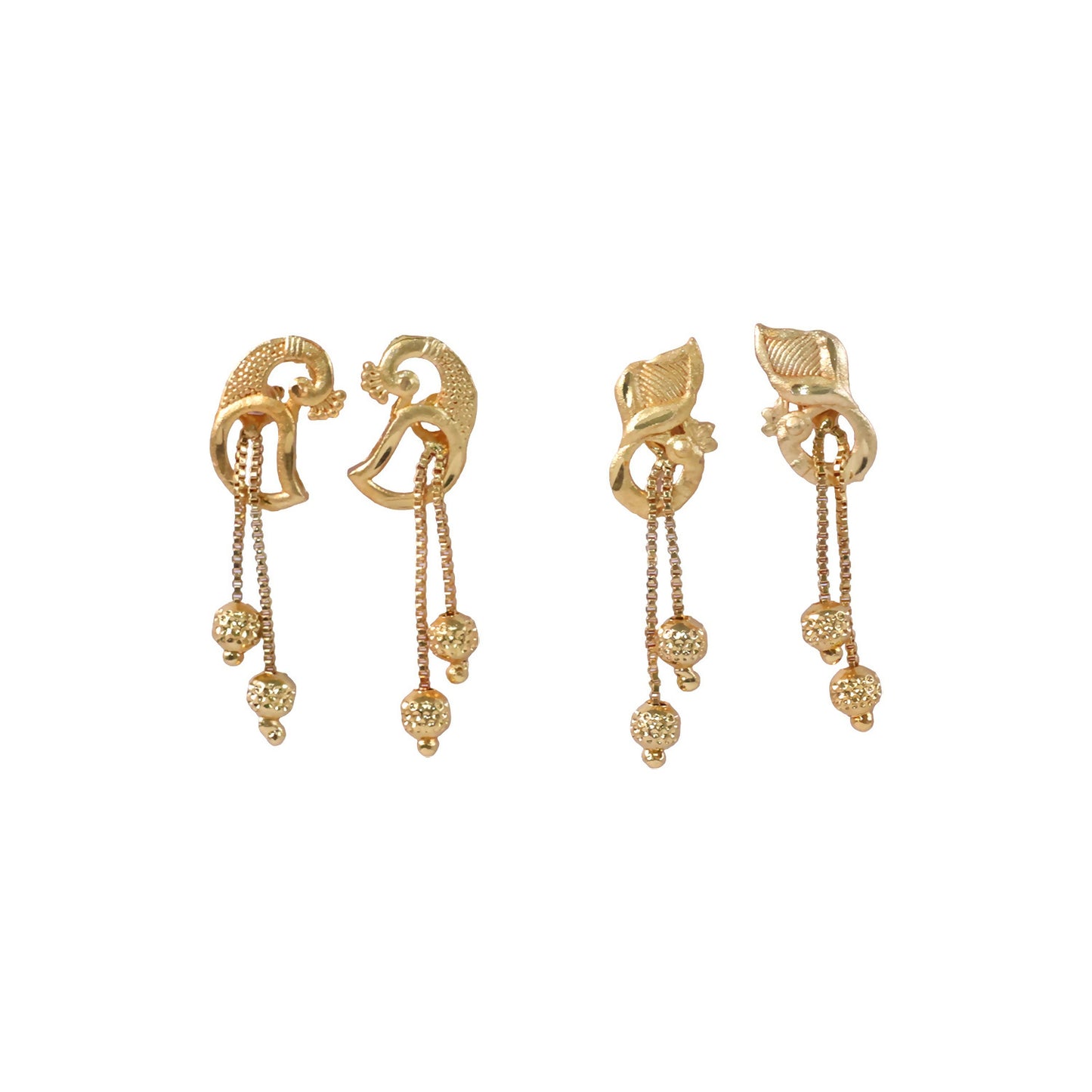 Elegant Gold-Toned Ethnic Earrings Set with Floral Peacock Design & Beads (2 Pair)