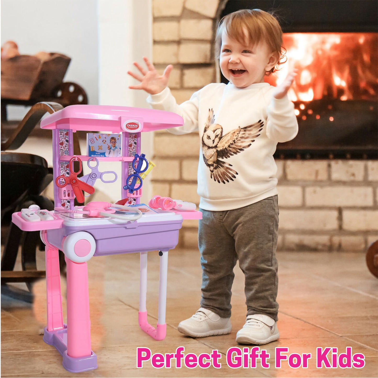 Premium Doctor Set with Pull & Push Trolley for Kids,Doctor Set with LED Light Instruments, 13 Piece Doctor Kit, BIS Approved (Pink)