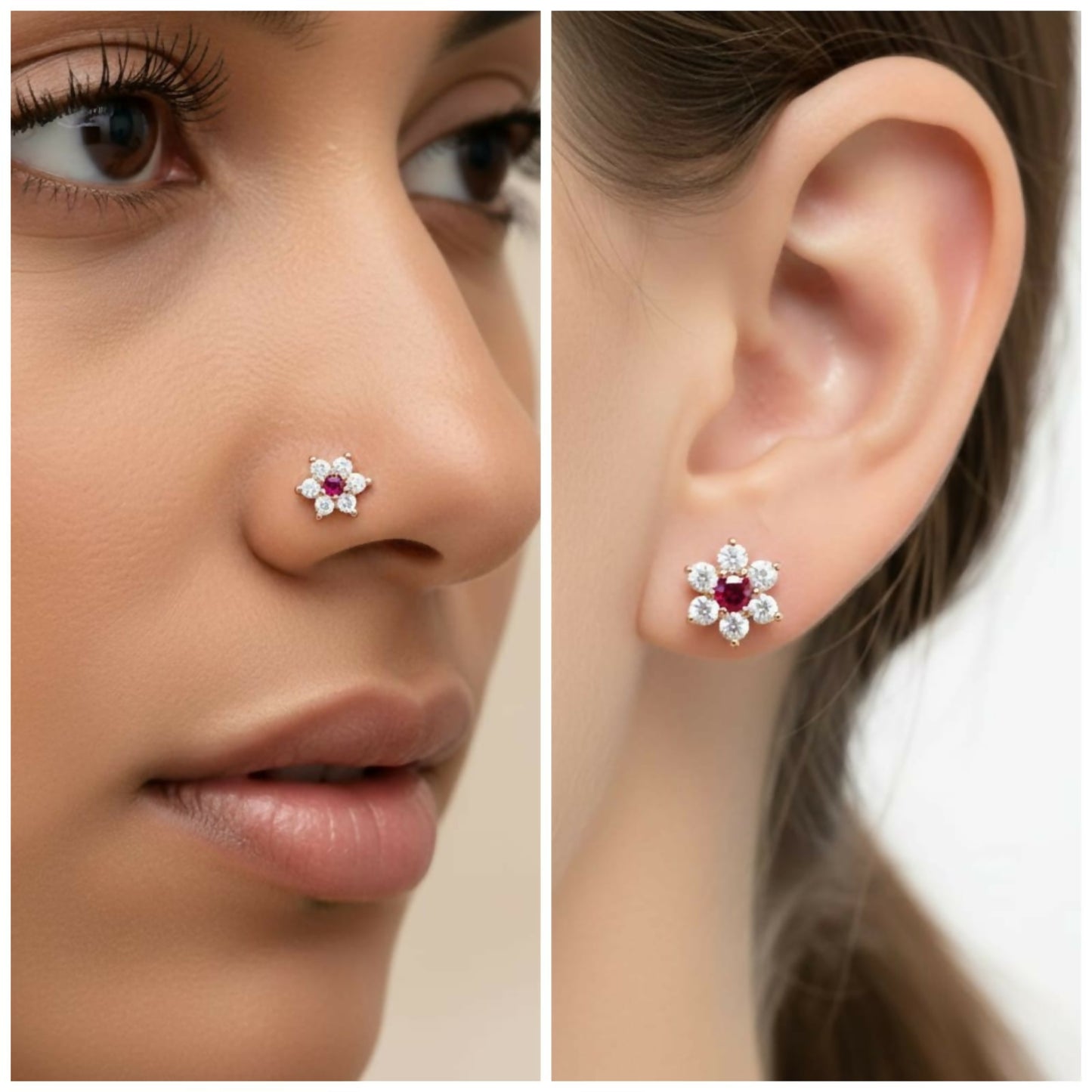 Silver Plated Ruby Flower Flat Back AD Nosepin Stud Combo Pack of 3