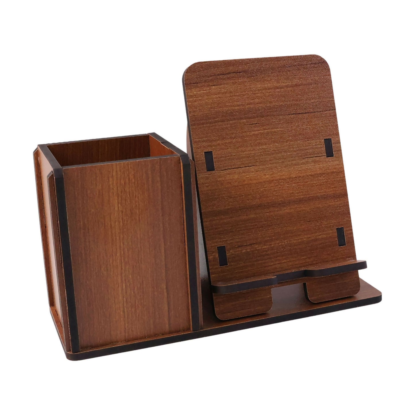 Wooden desk organizer with pens and stationery inside