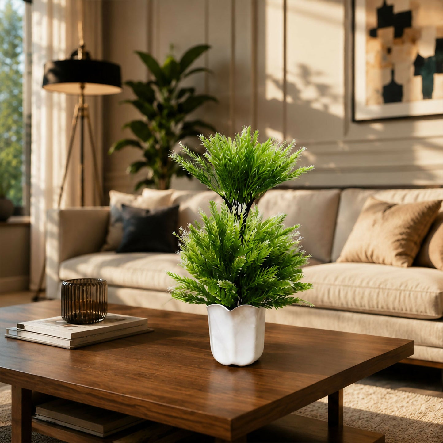 Artificial Cedar Plant in White Ceramic Pot – Luxury Home & Office Décor