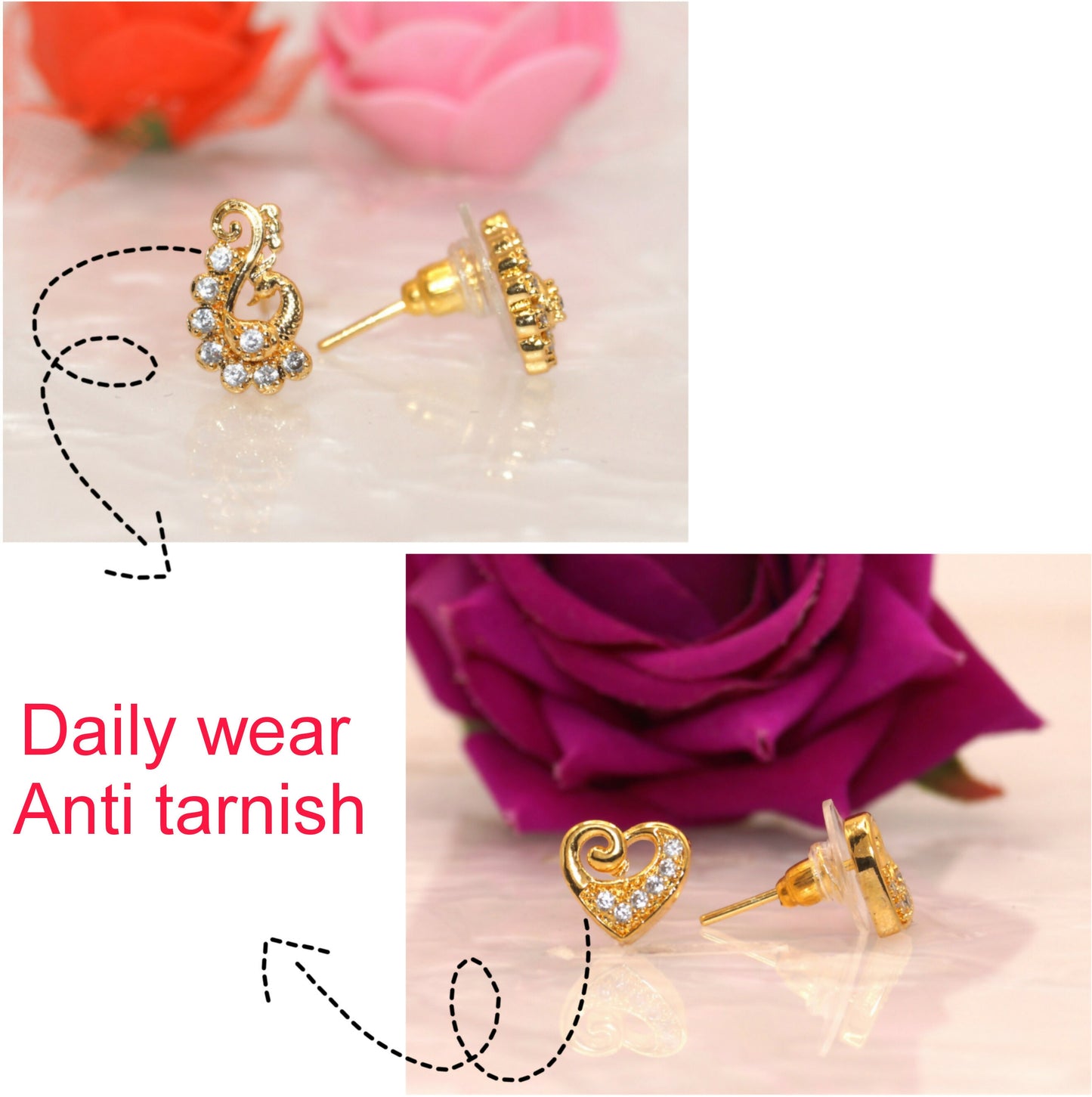 Gold-Plated Heart & Swirl Diamond Look Stud Earring Set for women & girls Combo Pack of 2
