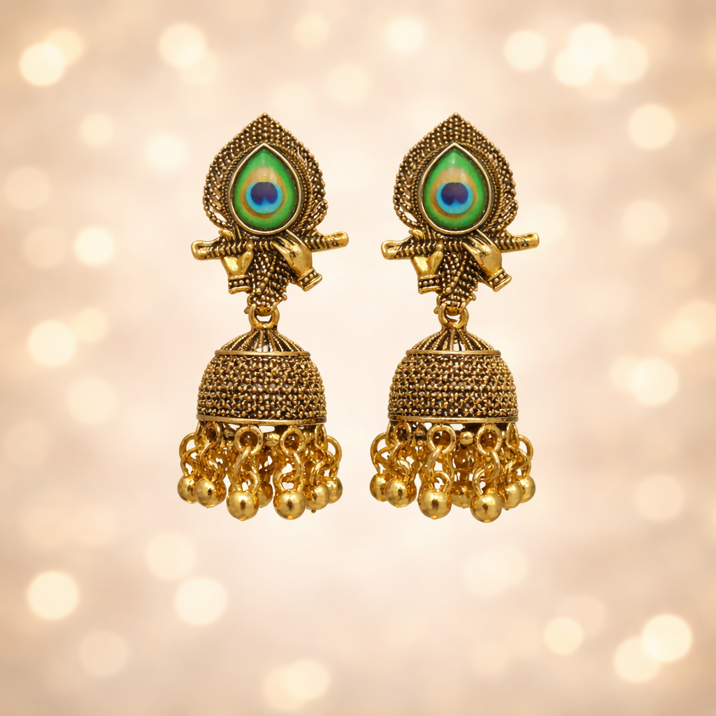 Traditional Elegant Oxidised Gold Plated Peacock Design Jhumka Earrings for Women