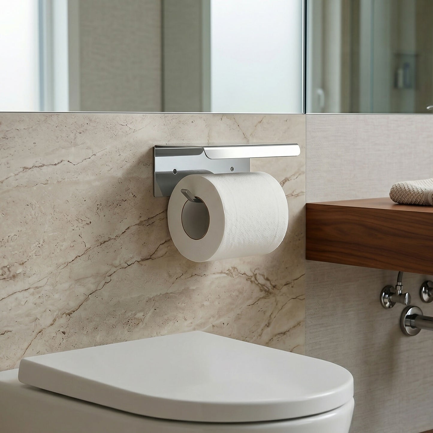 Contemporary chrome bathroom toilet paper holder with storage shelf