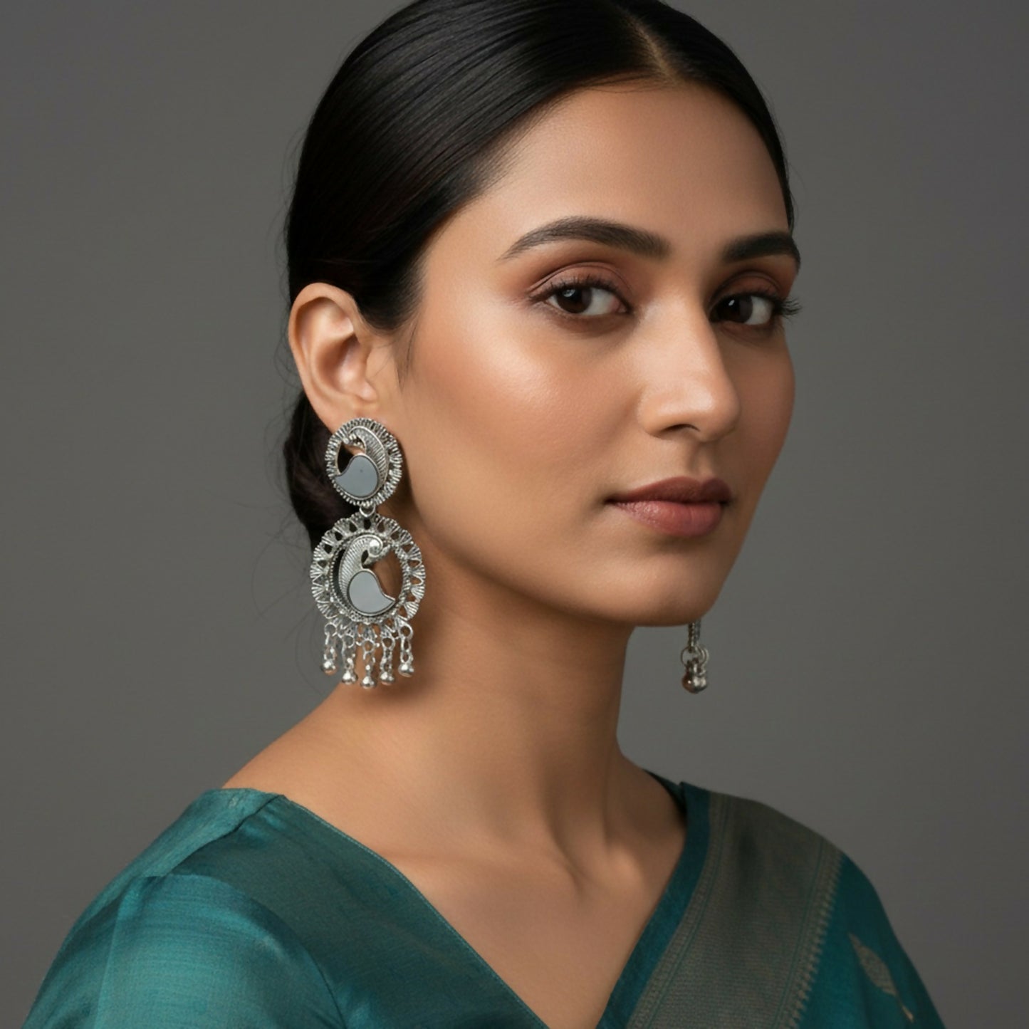 Silver Look Peacock Mirror Work Jhumka Earings