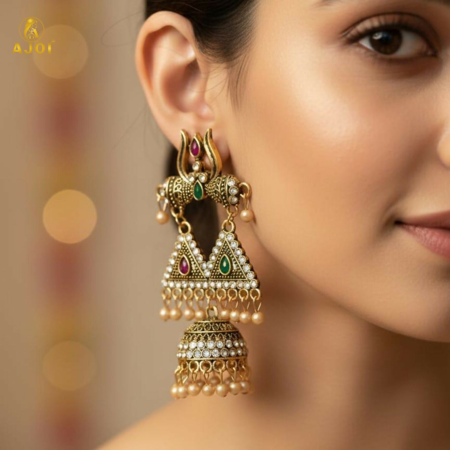 Traditional Shiv Trishul Design Antique Gold Jhumka Earrings with Stone Work