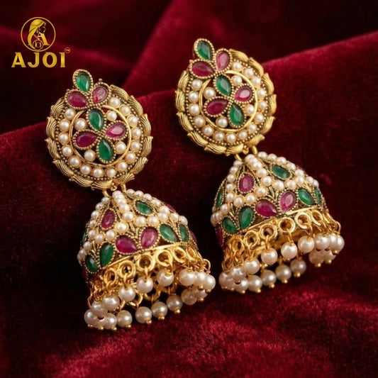 Exquisite Traditional Kundan Jhumka Earrings with Ruby & Emerald Stones, Handcrafted Gold-Tone Pearl Drop Bridal Jewelry