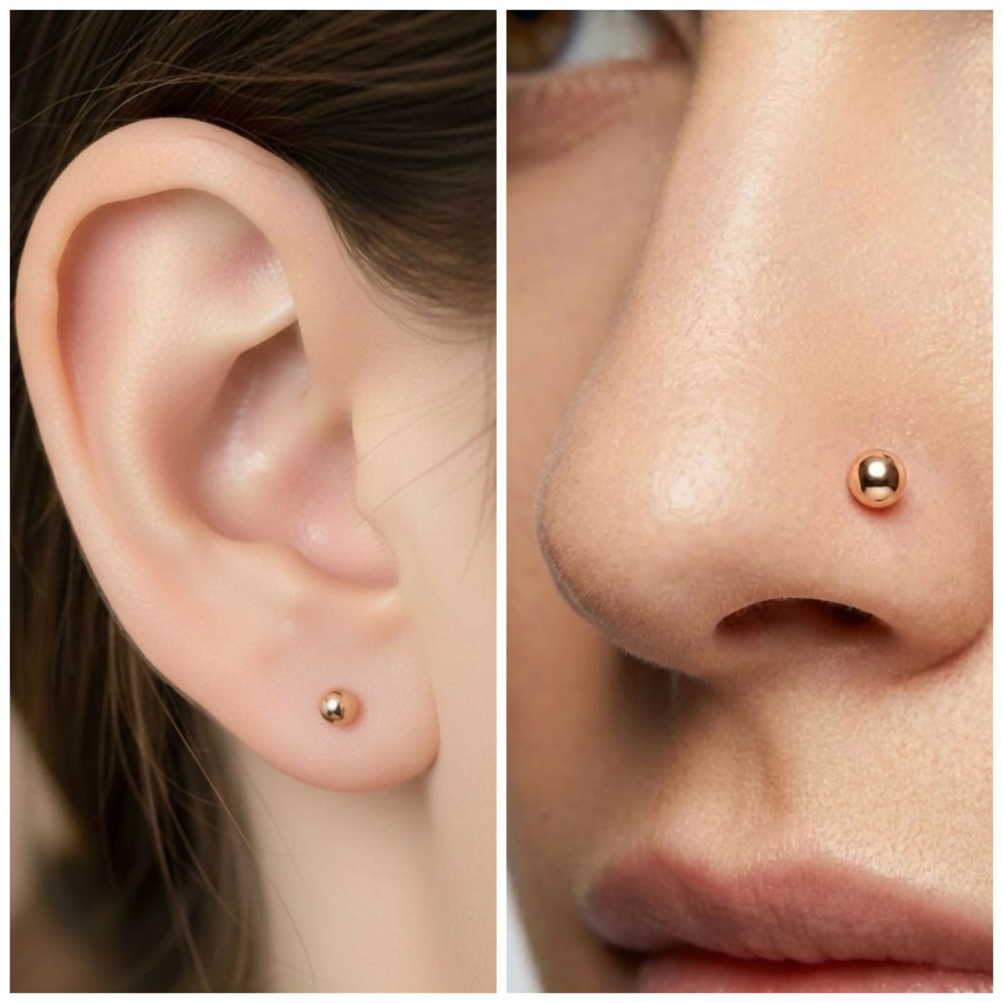 Rose gold labret stud earring worn on helix piercing showing comfortable fit